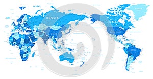 World Map - Pacific China Asia Centered View - Blue Color Political - Vector Layered Detailed Illustration