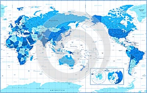 World Map - Pacific China Asia Centered View - The Poles - Blue Color Political - Vector Layered Detailed Illustration