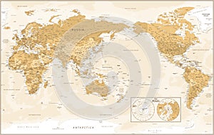 World Map - Pacific China Asia Centered View - The Poles - Vintage Golden Political - Vector Detailed Illustration
