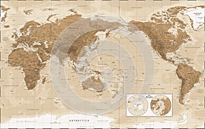 World Map - Pacific China Asia View - The Poles - Vintage Physical Topographic - Vector Detailed Illustration