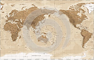 World Map - Pacific China Asia View - Vintage Physical Topographic - Vector Detailed Illustration