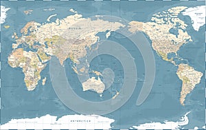 World Map - Pacific China Asia View - Vintage Physical Topographic - Vector Detailed Illustration