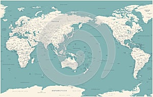 World Map - Pacific China Asia View - Vintage Political Topographic - Vector Detailed Illustration