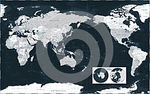 World Map - Pacific View - Asia China Center - The Poles - Dark Black Grayscale Political - Vector Detailed Illustration