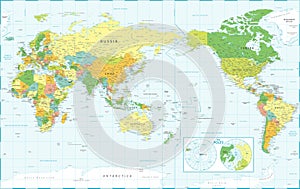 World Map - Pacific View - Asia China Center - The Poles - Political Topographic - Layers - Vector Detailed Illustration