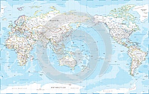 World Map - Pacific View - Asia China Center - Political Topographic -  Detailed Illustration