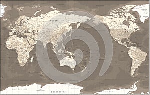 World Map - Pacific View - Asia China Center - Political Topographic - Vector Detailed Illustration