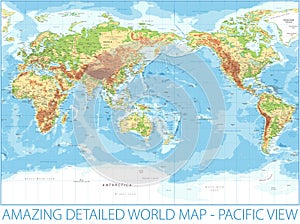 World Map - Pacific View - Physical Topographic - Vector Detailed Illustration