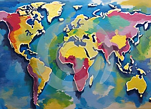 World map painted by a with finger paint