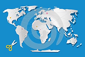 World map - paper cut continents with points and lines