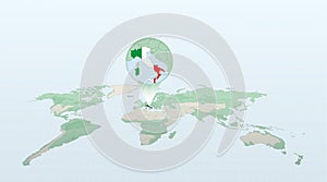 World map in perspective showing the location of the country Italy with detailed map with flag of Italy