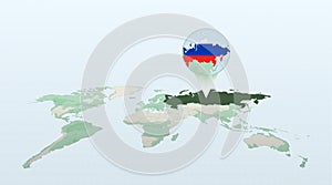 World map in perspective showing the location of the country Russia with detailed map with flag of Russia