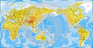 World Map Physical - Asia in Center - China, Korea, Japan