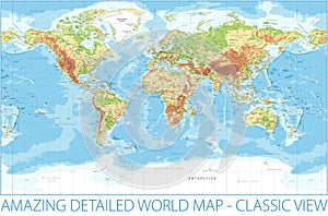 World Map - Physical Topographic - Vector Detailed Illustration