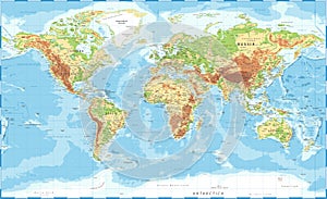 World Map - Physical Topographic - Vector Detailed Illustration