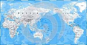 World Map Physical White - Asia in Center - China, Korea, Japan