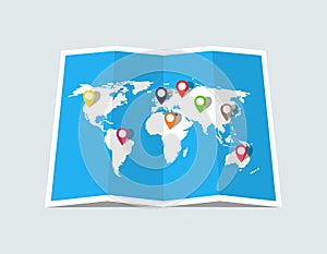 World map with pin of location. Paper world map for travel, business and tourism. Template of earth with country. Global geography