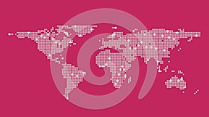 World map with pink background covered in small white dots symbolizing global population distribution