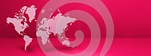 World map on pink wall background. 3D illustration. Horizontal banner