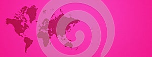 World map on pink wall background. Horizontal banner