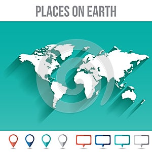 World Map with Pins, Flat Design Vector