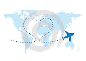 World map and plane flight. Airplane flying and leave dashed trace line. Love travel concept. Airplane path with heart