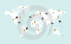 World map plane tracks. Aviation track path on world map, airplane route line and travel routes vector illustration