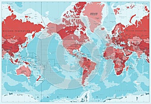 World Map - Political - American View - America in Center - Red and Pink Colors