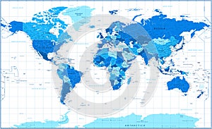 World Map - Political - Blue and White Color -  Detailed Illustration