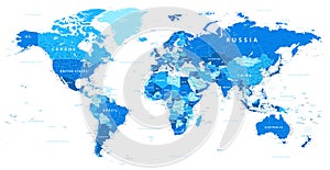 World Map Political - Blue and White Color -  Detailed Illustration