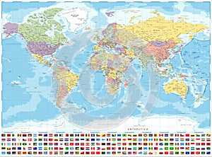 World Map Political and Flags - Vector Detailed Illustration