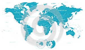 World Map Political and Poles - vector illustration. Highly detailed map of the world: countries, cities, water objects