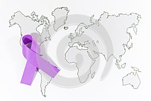 World map with a purple ribbon put on North America - awareness of violence against women concept