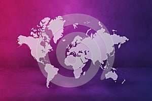 World map on purple wall background. 3D illustration