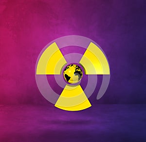 World map on Radioactive symbol. Purple studio background