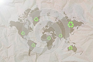 World map with recycle symbols. Environment and conservation concept