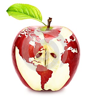 World map on red apple