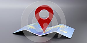 World Map and red pin pointer location on grey. Travel navigation GPS concept