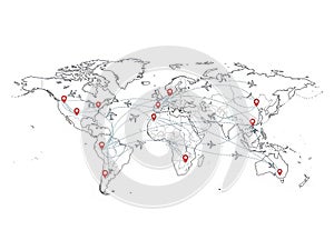 World map with red pins isolated on white background