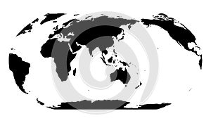 World Map in Robinson Projection. Asia and Australia centered. Solid black land silhouette. Vector illustration