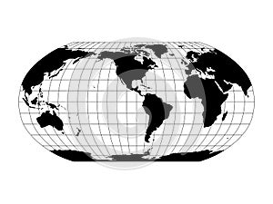 World Map in Robinson Projection with meridians and parallels grid. Americas centered. Black land with black outline