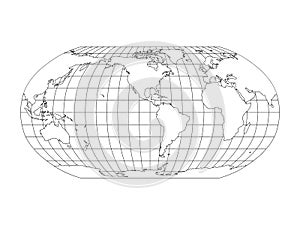 World Map in Robinson Projection with meridians and parallels grid. Americas centered. White land with black outline