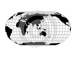 World Map in Robinson Projection with meridians and parallels grid. Asia and Australia centered. Black land with black