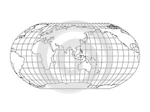 World Map in Robinson Projection with meridians and parallels grid. Asia and Australia centered. White land with black