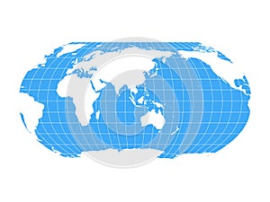 World Map in Robinson Projection with meridians and parallels grid. Asia and Australia centered. White land and blue sea