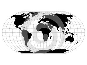 World Map in Robinson Projection with meridians and parallels grid. Black land with black outline. Vector illustration