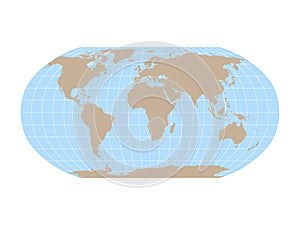 World Map in Robinson Projection with meridians and parallels grid. Brown land and blue sea. Vector illustration