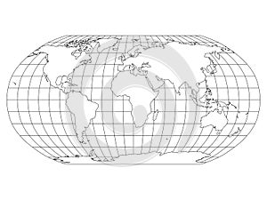 World Map in Robinson Projection with meridians and parallels grid. White land with black outline. Vector illustration