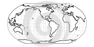 World Map in Robinson Projection with meridians and parallels grid. White land with black outline. Vector illustration