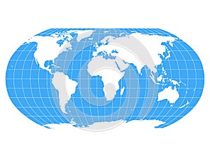 World Map in Robinson Projection with meridians and parallels grid. White land and blue seas and oceans. Vector